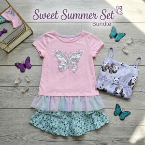 ​Girls 7/8 Summer Bundle: Butterfly Tee, Tiered Skirt & Panda Sleep Cami